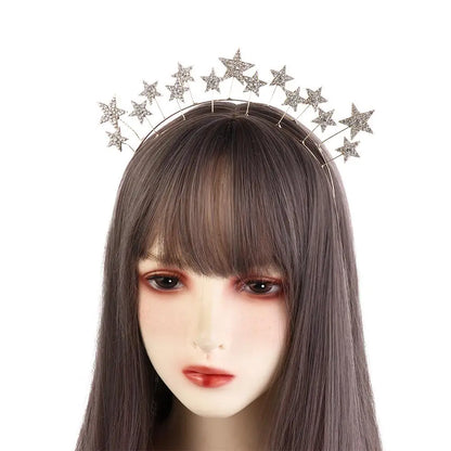 Exaggerated Metal Star Hair Hoop Silver bilayer Halo Crown Princess Bridal Hair Tiara Baroque Hairbands Head Jewelry