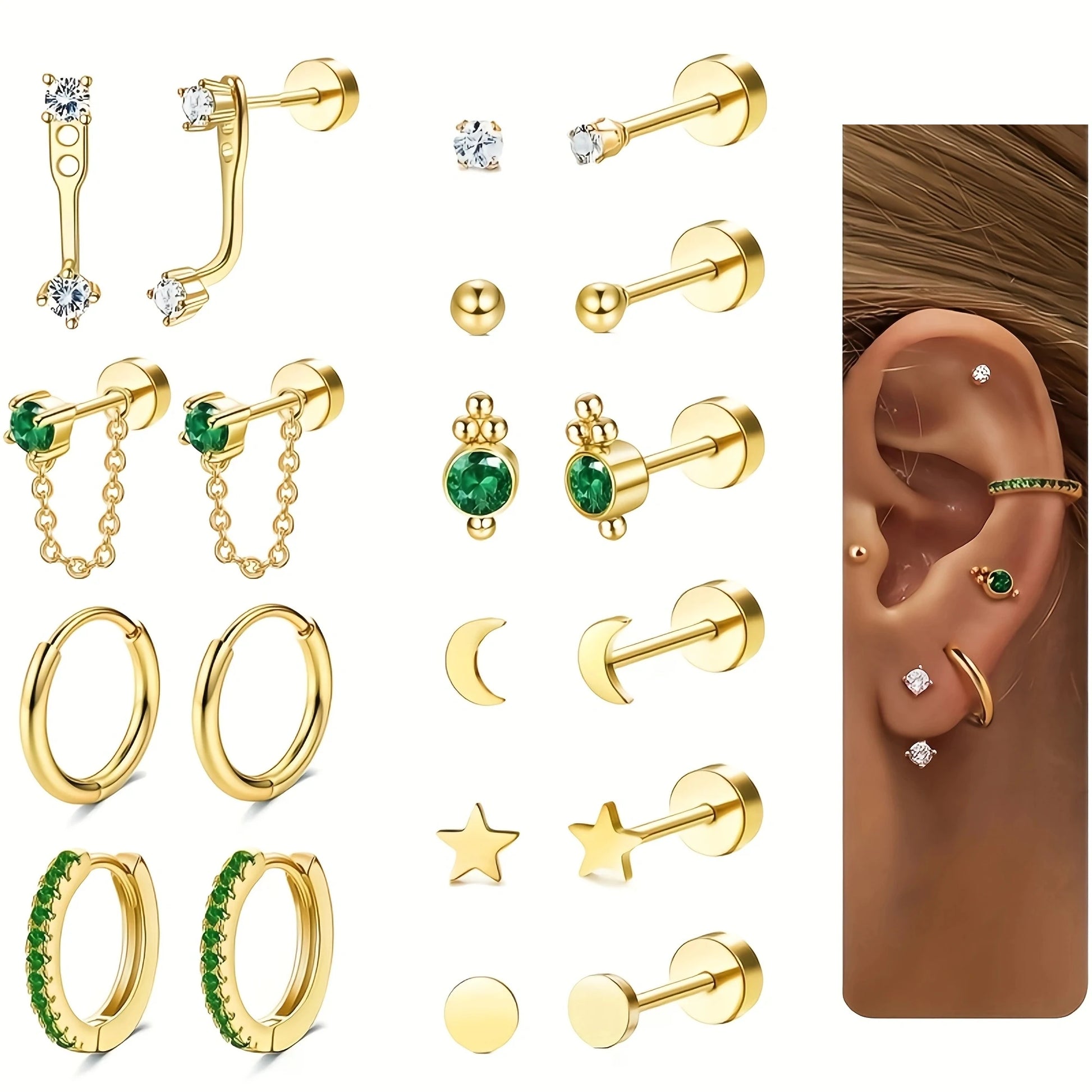 20pcs Stainless Steel Delicate Comfortable Green Gemstone Flat Back Earring Set,Hypoallergenic Small Hoop Earrings Jewelry Gifts B2-20pcs-Golden CHINA