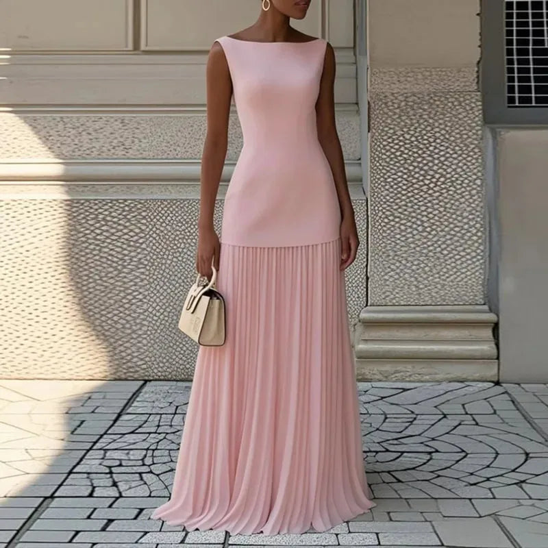 Fashion Sleeveless Long Dresses for Women Temperament O Neck Spliced Pleated Vestidos 2025 Vacation Party Evening Two Piece Set