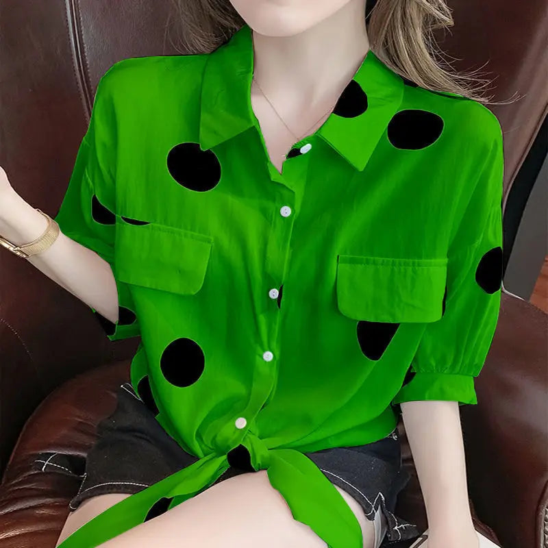 Fashion Lapel Loose Bandage Bow Polka Dot Shirt Women's Clothing 2025 Summer New Oversized Casual Tops Half Sleeve Korean Blouse green