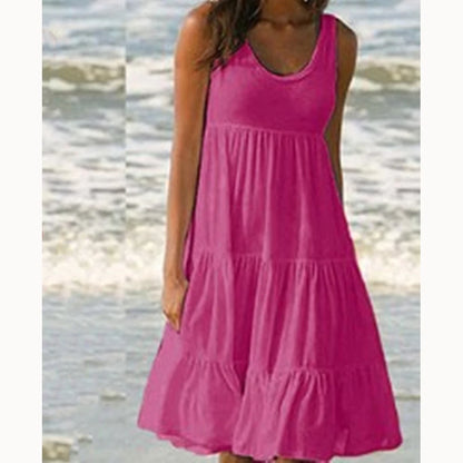 Women Causual O Neck Sleeveless Ruffles Mini Dress Boho Solid Beach Sundress Oversized Loose Dress 2023 Summer 8806-Rose