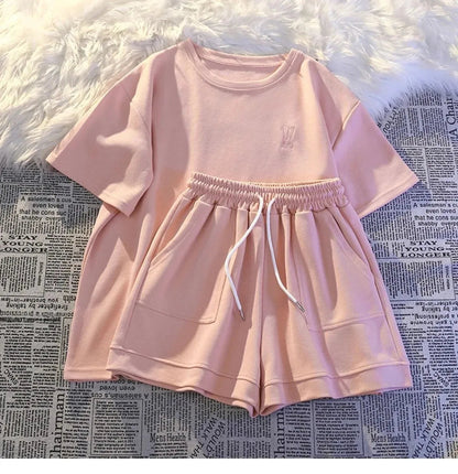 Summer Casual Fashion Embroidered Short Sleeve Shorts Set Women Loose Two Piece Comfortable Sports Set White Outwear Badiee Stylez