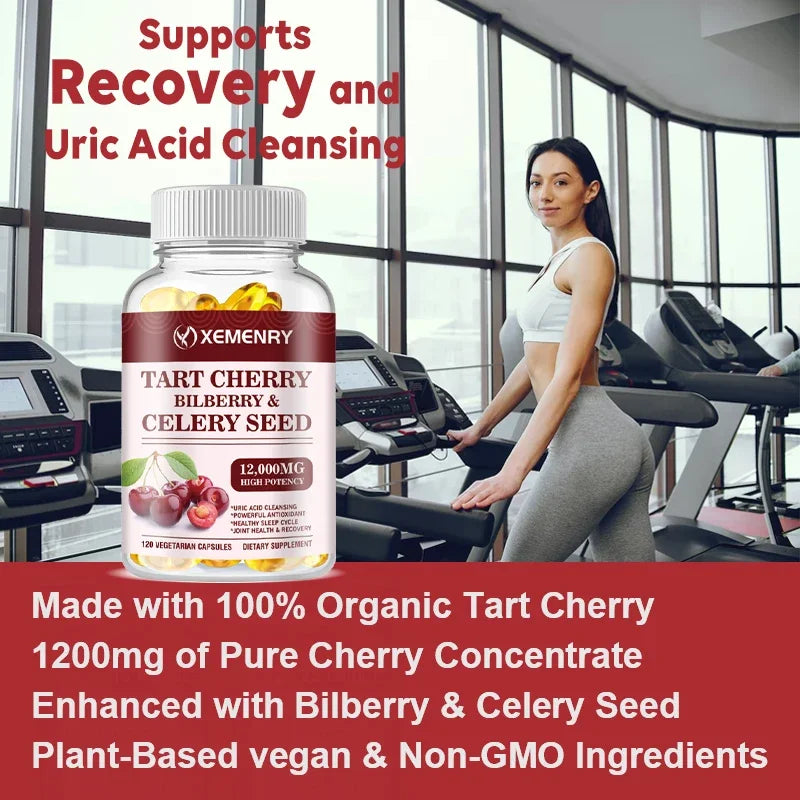 Organic Tart Cherry & Celery Seed Capsules - Uric Acid Cleanse, Support Sleep & Joint Health Muscle Repair Supplement