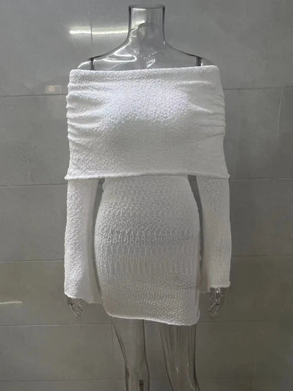 Leosoxs Slash Neck Knitted Dress Women Thin Autumn Long Sleeve Elegant Vacation Beach Party Midnight Clubwear Mini Bodycon