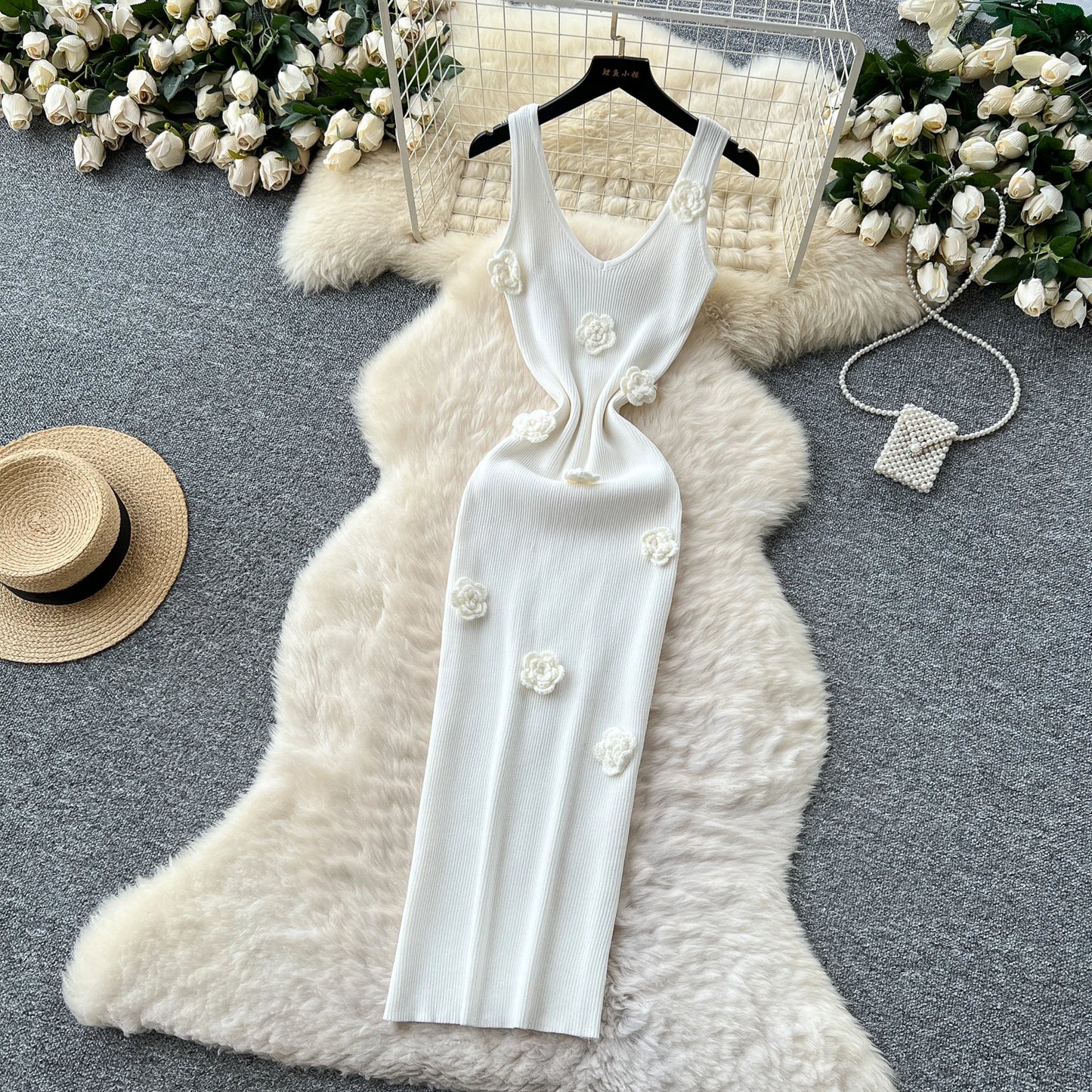 SINGREINY Knitted 3D Flower Chic Dress Sleeveless Slim Solid Elastic Sundress Women Summer Casual Fashion Bodycon Long Dresses