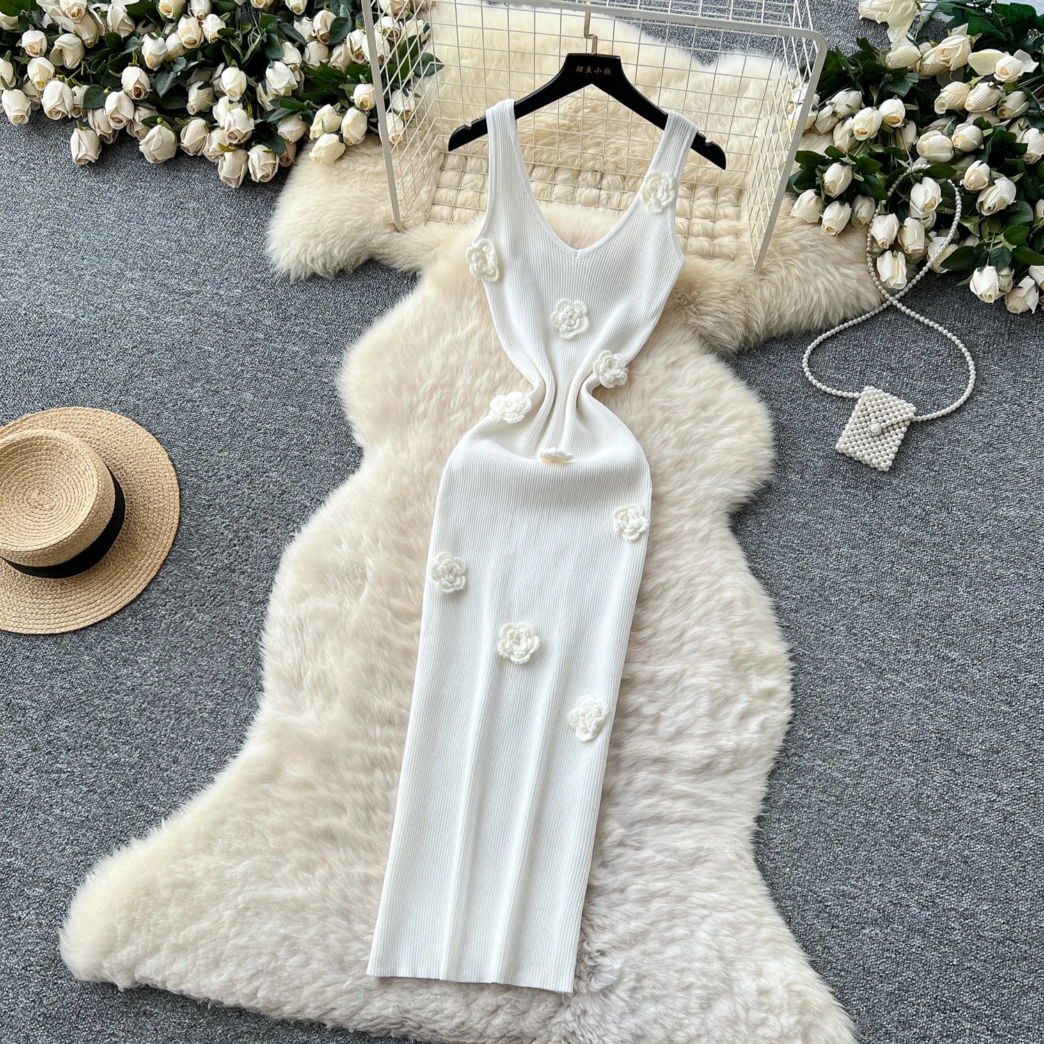 SINGREINY Knitted 3D Flower Chic Dress Sleeveless Slim Solid Elastic Sundress Women Summer Casual Fashion Bodycon Long Dresses