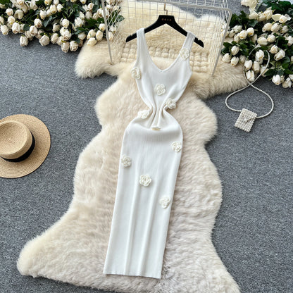 SINGREINY Knitted 3D Flower Chic Dress Sleeveless Slim Solid Elastic Sundress Women Summer Casual Fashion Bodycon Long Dresses