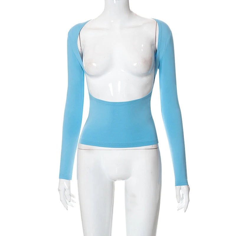 Backless Short Sleeve Blue Y2K Crop Top Women Casual O Neck Summer T Shirts Sexy Vintage Cut Out