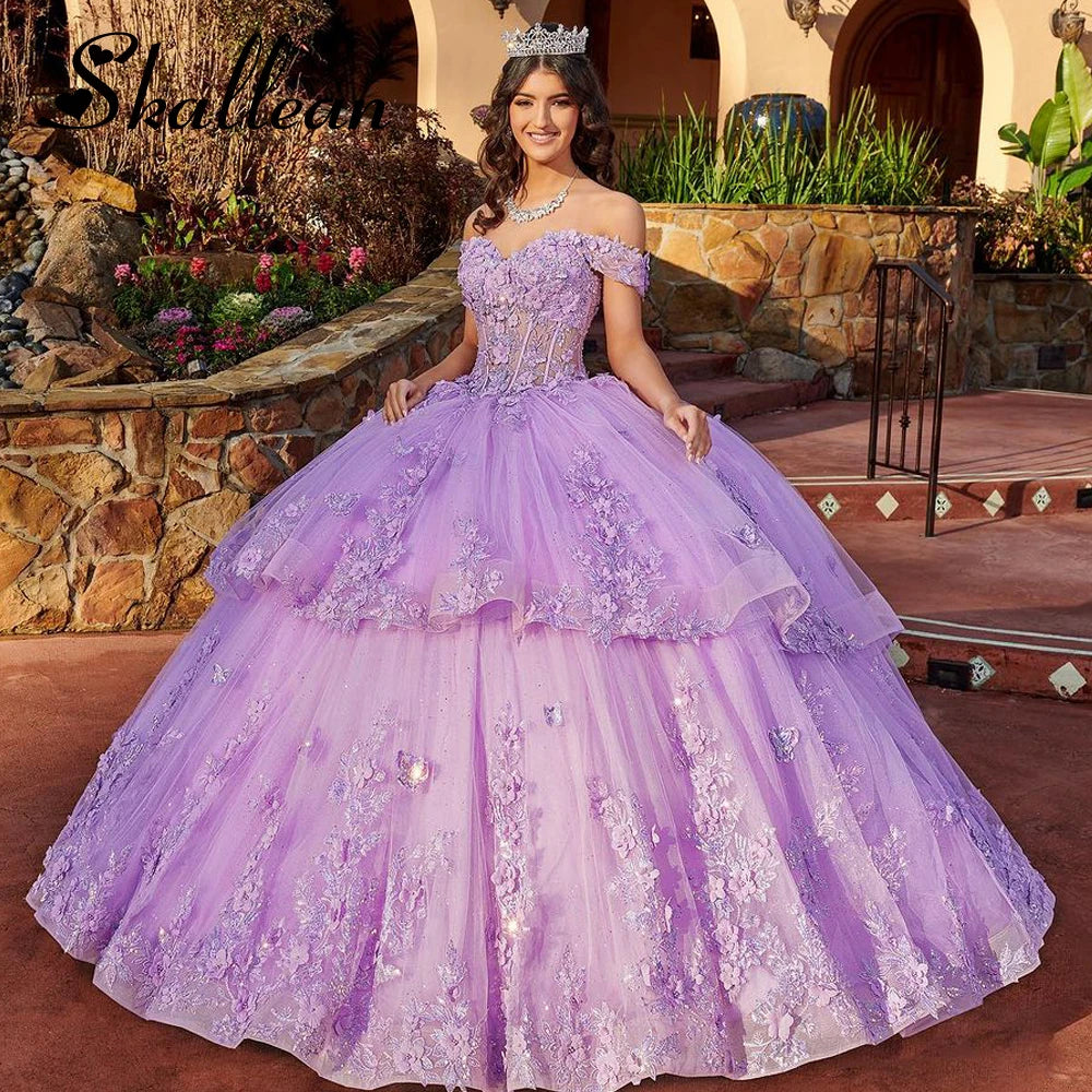 Skallean Tiered Quinceanera Dresses Princess Sweet 16 Years Girl Birthday Party Beads Lace Appliques Vestidos 15 De Quinceañera Badiee Stylez