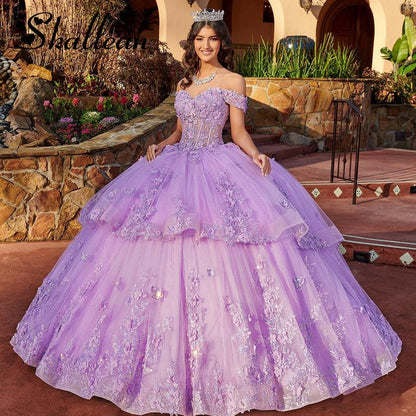 Skallean Tiered Quinceanera Dresses Princess Sweet 16 Years Girl Birthday Party Beads Lace Appliques Vestidos 15 De Quinceañera Badiee Stylez