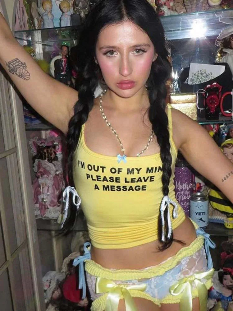 omen T-shirt Square Collar Strap Bow Slim Versatile Vest Hottie Casual Outfit Y2K Streetwear