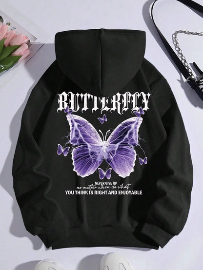 Beautiful Purple Butterfly Printing Hoodies Women Fleece Pocket Hoody Simple Casual Hoodie Autumn Loose Female Streetwear black