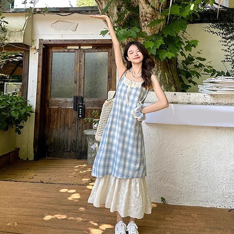 Women Plaid Fake Two Piece Suspender Dress Women Summer Retro Loose Long Lace Patchwork Plaid Sleeveless Dress for Women 2025