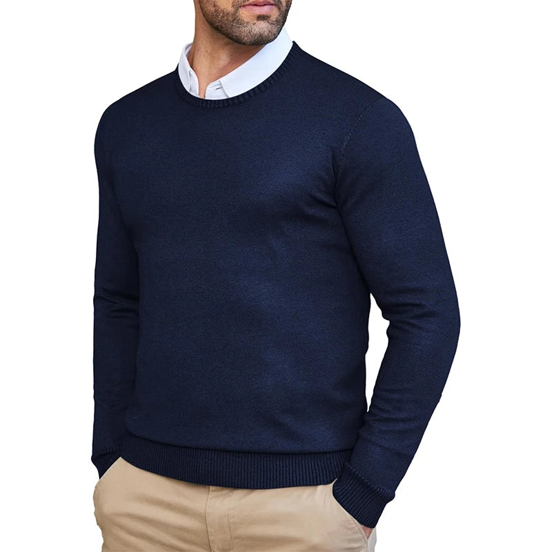 Autumn Men's Dress Crew Neck Sweater Slim Fit Lightweight Sweatshirts Knitted Pullover Casual Fashion Long Sleeve Sweater Navy