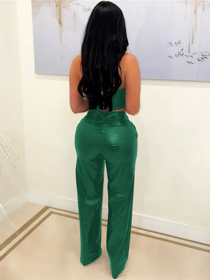 HBLL Women's Green Corset Cut-Out Cargo Sexy Sleeveless Jumpsuits PU Leather Matching Set Sexy Clubwear 2 Piece Outfits