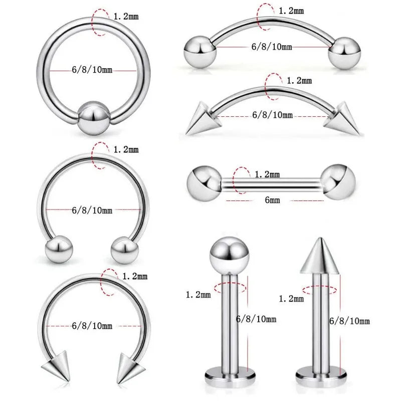 8Pcs Stainless Steel Eyebrow Rings, Lip Ring Nose Hoop Tongue Ring Septum Nose Piercing Jewelry Cartilage Tragus Earrings