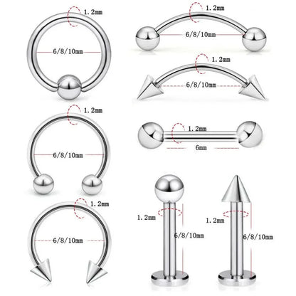 8Pcs Stainless Steel Eyebrow Rings, Lip Ring Nose Hoop Tongue Ring Septum Nose Piercing Jewelry Cartilage Tragus Earrings