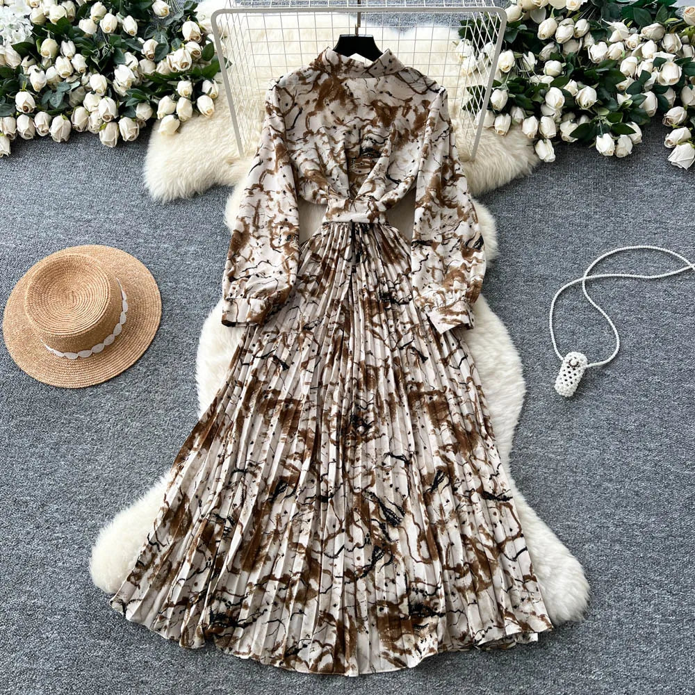 Chic vintage long sleeve turn-down collar button pleated Elegant Fairy korean fashion Boho women clothing Long dress