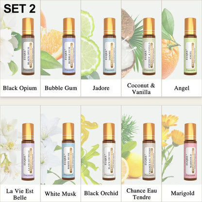 EUQEE 3PCS Fragrance Oils Roll-On Long Lasting Scent Coconut & Vanilla White Musk Baby Powder Fresh Linen Oud Wood Amber Romance