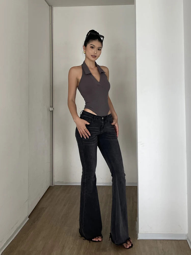 American Style Spicy Girl Sleeveless Polo Neck Solid Bodysuits Women's 2024 Summer New Sexy Backless High Waisted Slim Top Q29N