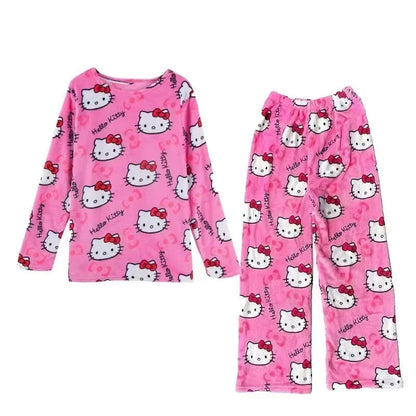 Winter Hello Kitty Pajamas Set Flannel Pants Kawaii Cartoon Pajama Suit Warm Thickened Woman Pants Plush Homewear Cute Sleepwear 1