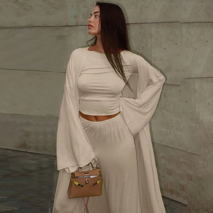 Hiloc Elegant Knit 3 Piece Sets Summer Casual Loose Sleepwear Street Chic Elastic Waist Pants Fashion Long Sleeve Shirts 2025