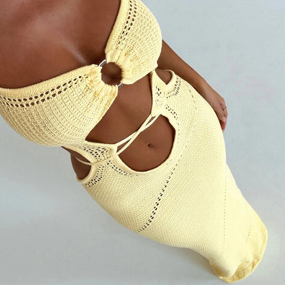 Women's Sleeveless Knit Long Dress Solid Color Halter Front Cutout Back Tie-Up Slim Dress Summer Beach Casual Dress