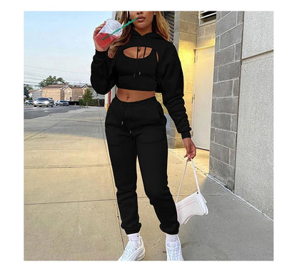 Women 3 Pieces Sets Sweatpants and Hoodie Set Cropped Tops Fleece Pants Suit Tracksuit Fitness Sport Jogger Outfit Clothing