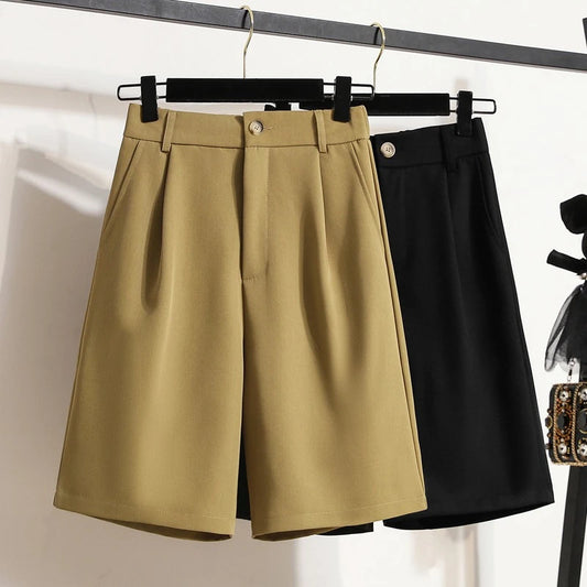 Women's Plus Size Shorts Summer 2025 Loose High Waisted Khaki Suit Shorts Solid color Casual Thin style Knee-length short Pants
