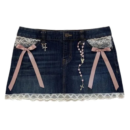 Retro Buddha Short Women Y2K Skirt Goth Hip Hop Pocket Embroidery Retro Blue Loose Denim Shorts Women High Waist Slim Mini Skirt 2