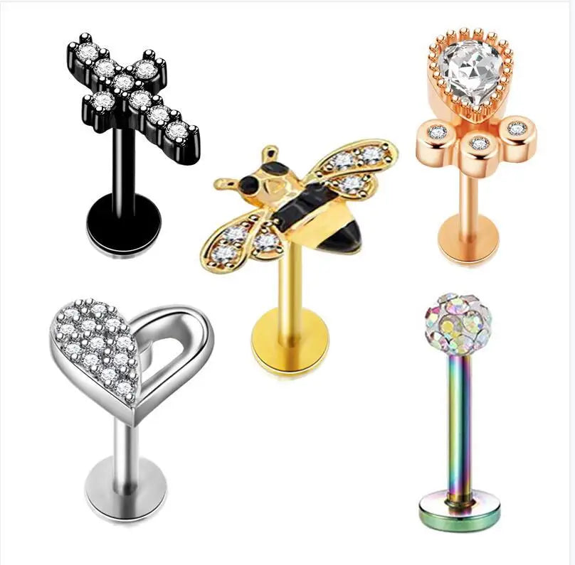 5PCS Flower Tragus Piercing Set Flat Back Cz Cartilage Stud Earring Helix Jewelry Conch Rook Stud Lot Labret Lip Piercing Bulk 5PCS Set16