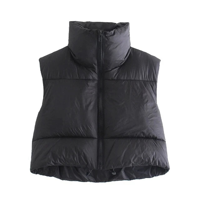 Autumn And Winter Women's Short Cotton Down Vest Short Stand-up Collar Warm Sleeveless Quilted Vest Outdoor Travel Jacket Tops black