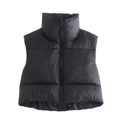 Autumn And Winter Women's Short Cotton Down Vest Short Stand-up Collar Warm Sleeveless Quilted Vest Outdoor Travel Jacket Tops black