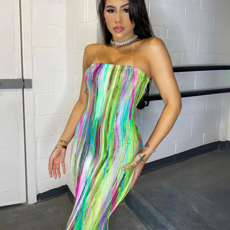 Spring And Summer Dresses For Women Chest Wrap Printed Off Shoulder Bandage Slim Sexy Long Dress 2023 New Fashion party MsChuh Q6 Green