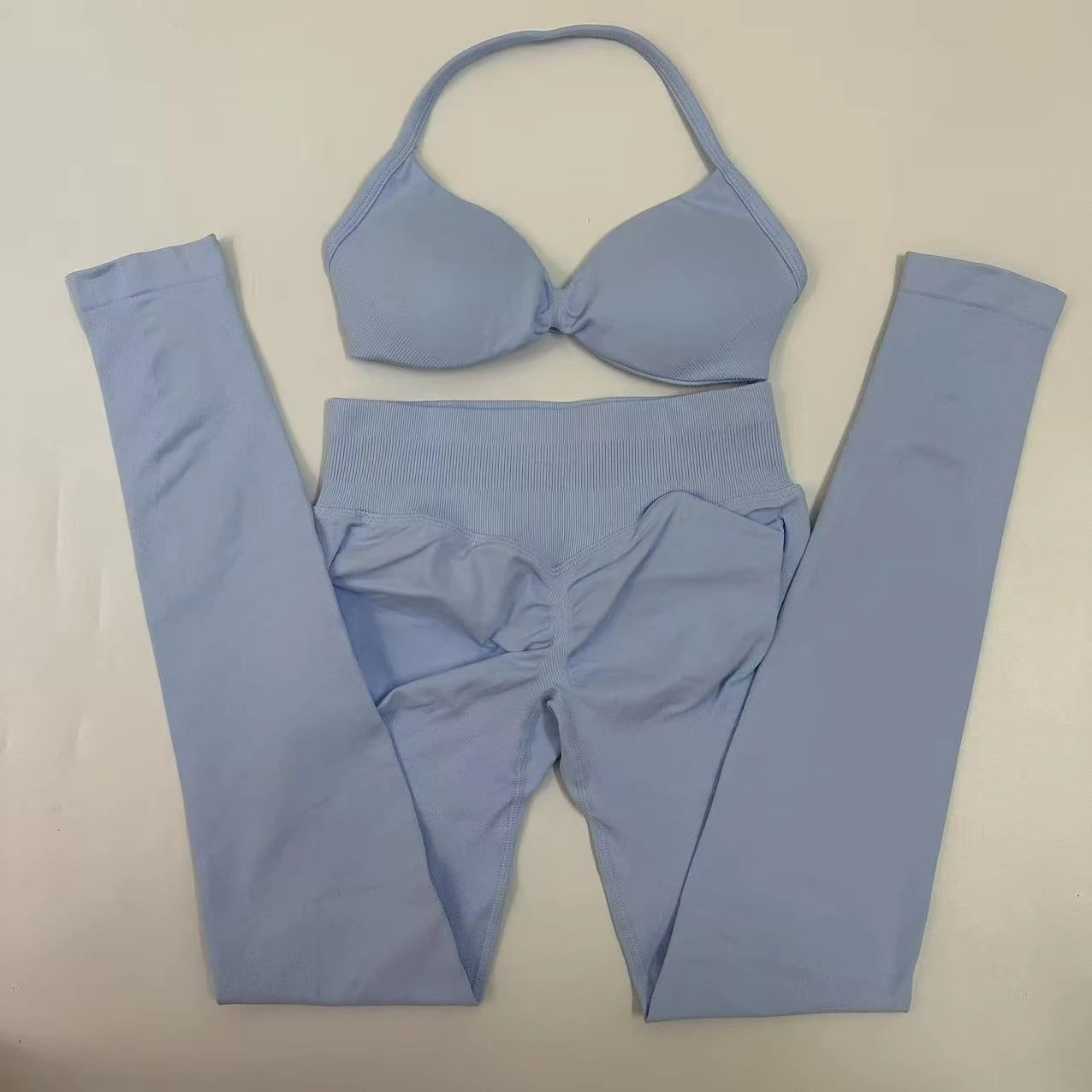 No Logo Seamless Yoga Set Women Workout Scrunch Leggings Set Strappy Halter Sports Bra Fitness Gym Clothing Workout Set 2 Pieces Badiee Stylez