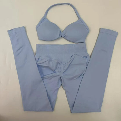 No Logo Seamless Yoga Set Women Workout Scrunch Leggings Set Strappy Halter Sports Bra Fitness Gym Clothing Workout Set 2 Pieces Badiee Stylez