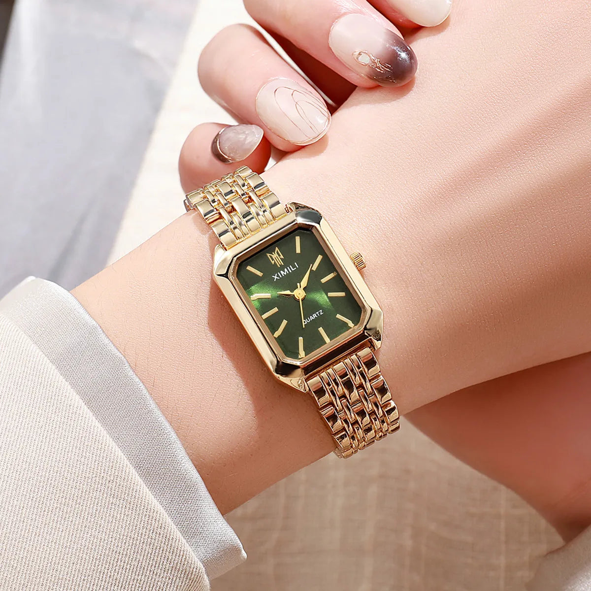 Women Watches Business Luxury Ladies Fashion Quartz Watch Simple Scale Square Quality Gold Plated Stainless Steel Folding Clock green No