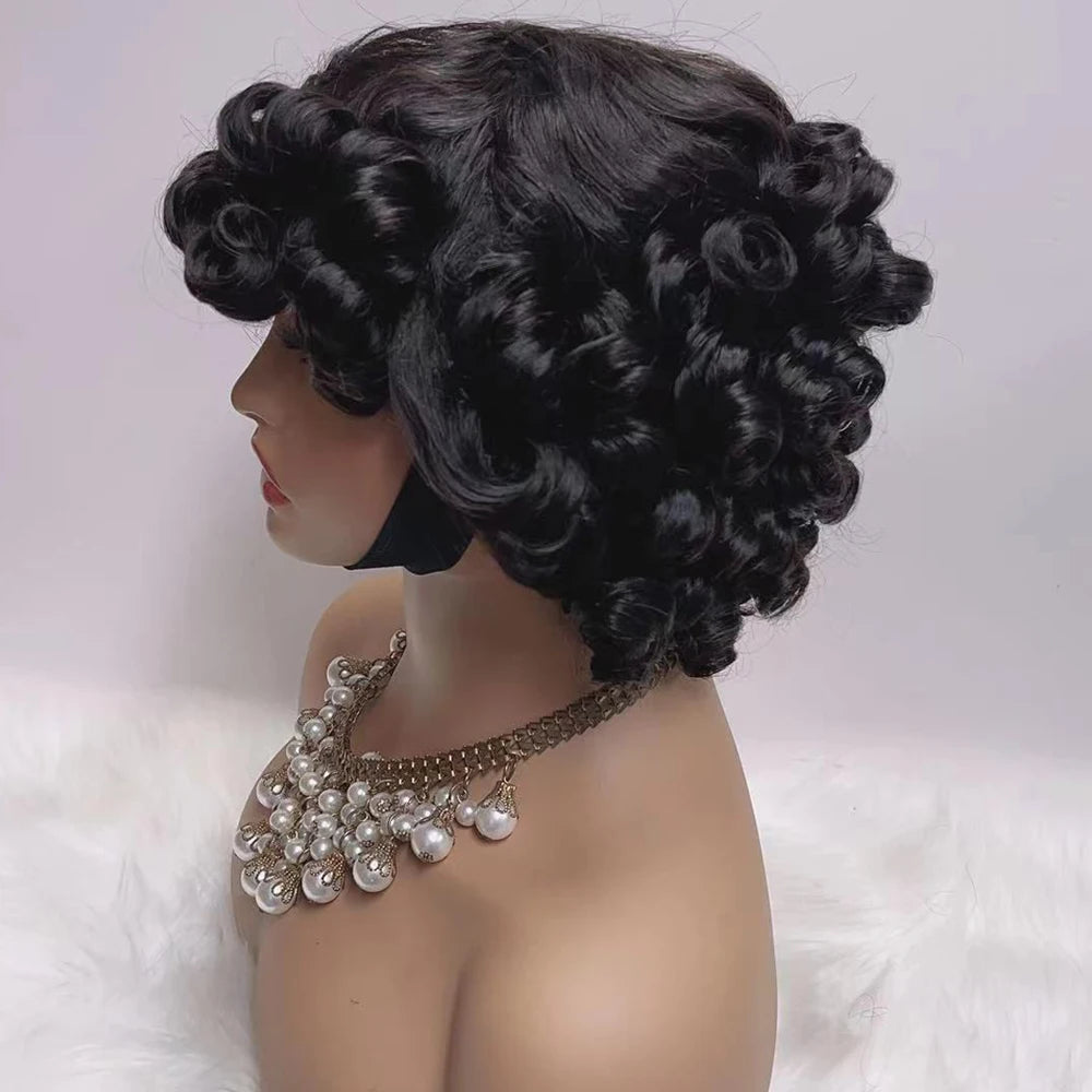 300% Pixie Cut Human Hair Wigs For Women Afro Rose Curly Funmi Glueless Wigs Human Hair Short Bouncy Curly Bob Wig With Bangs Badiee Stylez