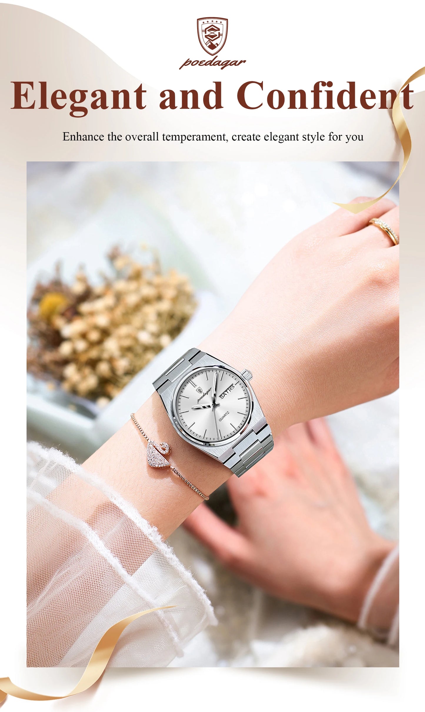 POEDAGAR Original New Woman Watch Stainless Steel Waterproof Luminous Ladies Wristwatch Date Week Elegant Quartz Women's Watches