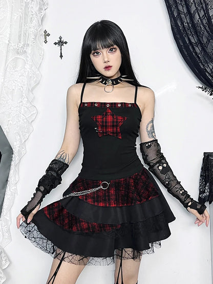 AltGoth Y2k E-girl Vintage Camis Women Mall Gothic Cyber Punk Emo Alt Grunge Hotsweet Plaid Pentagram Patchwork Crop Tank Tops