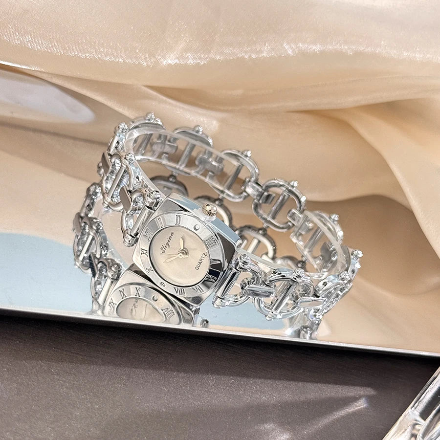 High-End Women's Skeleton Design Watch Square Roman Hour Markers Light Luxury Fashion Cross-Border Best-Seller Ladies Watch