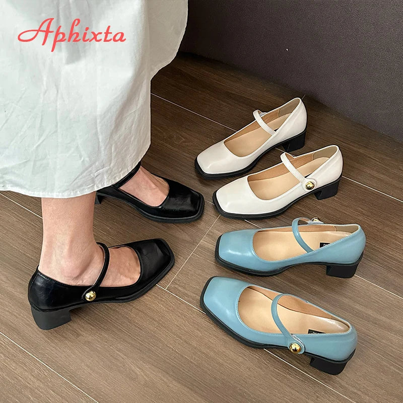 Aphixta Low Heels Mary Janes Square Heels Patent Leather Pumps Shoes Woman Classics Dress Official Pumps Party Plus Size 43