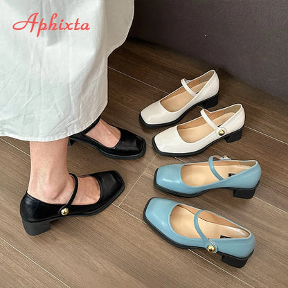 Aphixta Low Heels Mary Janes Square Heels Patent Leather Pumps Shoes Woman Classics Dress Official Pumps Party Plus Size 43