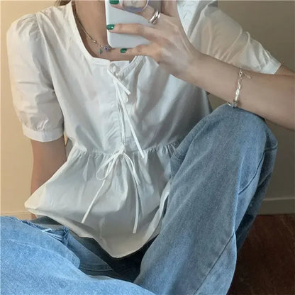 Ruffles Shirts and Blouses Korea Short Sleeve Top Women 2024 Summer Lace-up Sweet Blouses Cute Elegant Solid Sweet Folds Clothes White