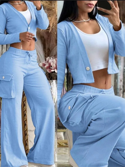 Women's Spring Summer New Fashionable Solid Color Printed Sexy Waist Short Top Casual Pants Set For Women