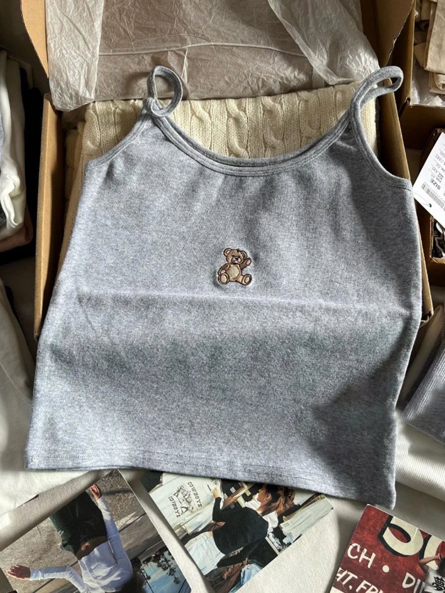 Cute Animal Embroidery Tank Tops Women Summer Lace Trim Cotton Sleeveless Camisole Vests Solid Vintage Sweet Slim Crop Top Y2k Bear-basic One Size