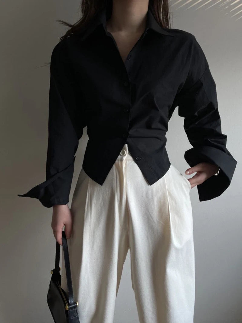 Gidyq Korean Bandage Shirt Women Fashion Backless Sexy Blouse Office Ladies Casual Slim Chic Turn Down Collar Long Sleeve Tops