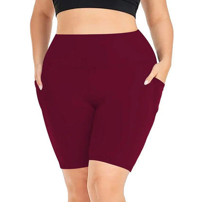 Women's High-Waisted Yoga Shorts Plus Size Workout Leggings with Dual Pockets Stretch European Style Activewear for Gym & Casual