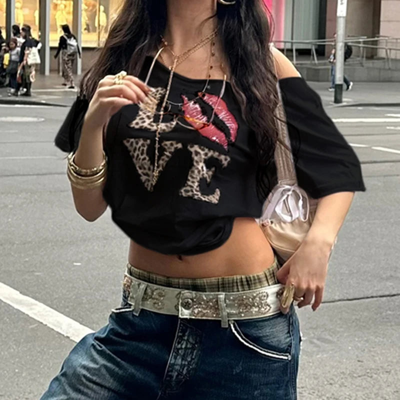 Cuteandpsycho Casual Sexy Crewneck Cropped Tops Slim Streetwear Summer Elastic Vintage Tees Short Sleeved Y2k Punk Clothings