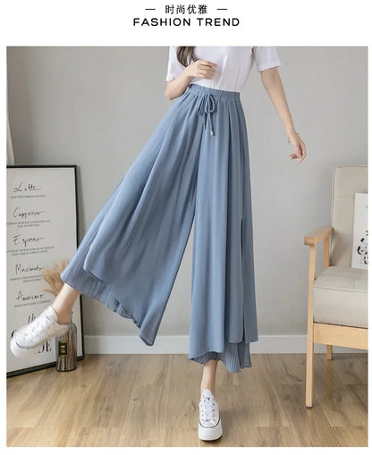 Women Pants Culottes Elastic Wide Leg Irregular Hem Double Layers Korean Trousers Summer Casual Loose Pleated Pants